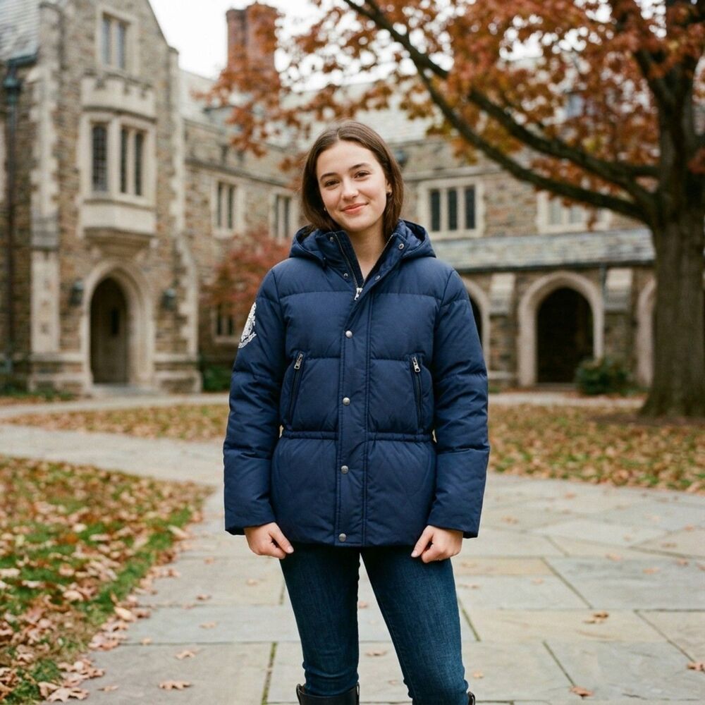 Ralph Lauren Girls Navy Blue Quilted Hooded Puffer Jacket Crest Sleeve XL 16